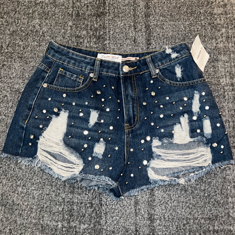 Forever 21 Blue Distressed Jean Shorts with Embellishments